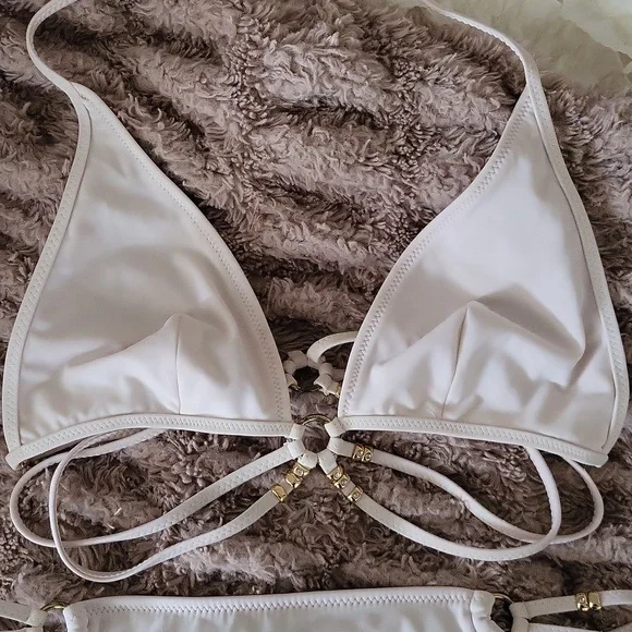 Vintage Sexy JLO Cream/White String Bikini W/ Gold Beaded Detail🤍 RARE - Picture 3 of 6
